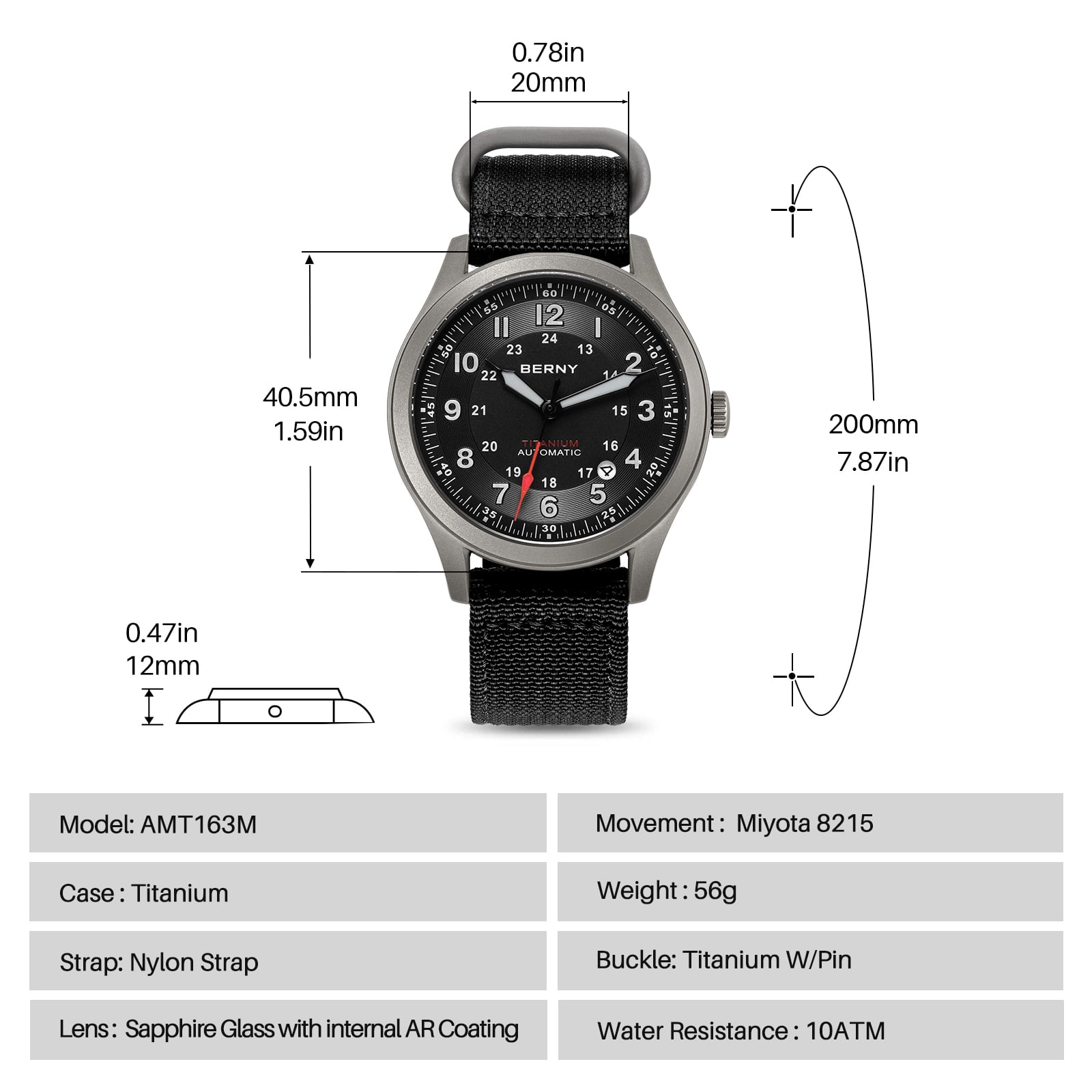 BERNY Automatic Watches for Men Military Sport Nylon Strap Titanium Field Watch with Date Sapphire Crystal Luminous Analog Mechanical Watch 100M Waterproof Army Tactical Casual Wristwatch (Black)