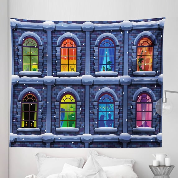Colorful Tapestry, Building with Colorful Windows in the Snowy Winter Night Time Illustration Image, Fabric Wall Hanging Decor for Bedroom Living Room Dorm, 5 Sizes, Multicolor, by Ambesonne