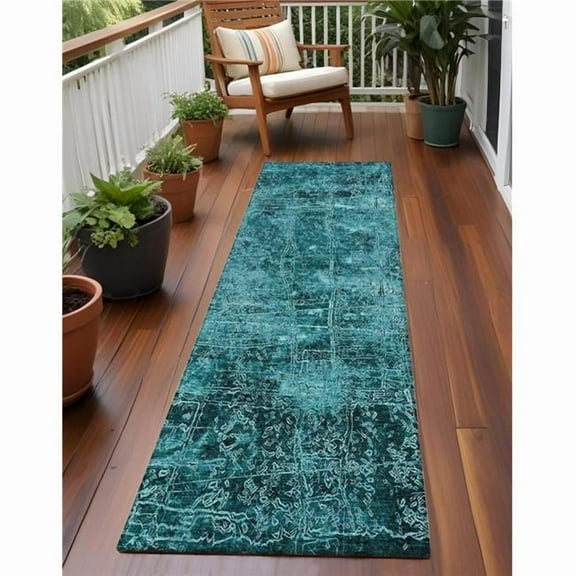 HomeRoots 563152 8 ft. Runner Teal Abstract Washable Non Skid Indoor Outdoor Runner Machine Woven Rug