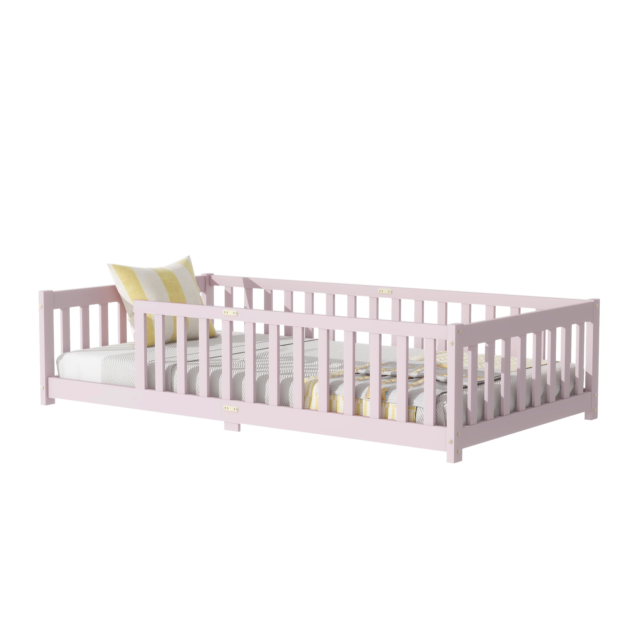 Twin Size Pink Rubber Wood Floor Bed with Full Surround Fence, Kids Safety Guardrail Platform Bed, No Box Spring Needed, 250 lbs Weight Capacity