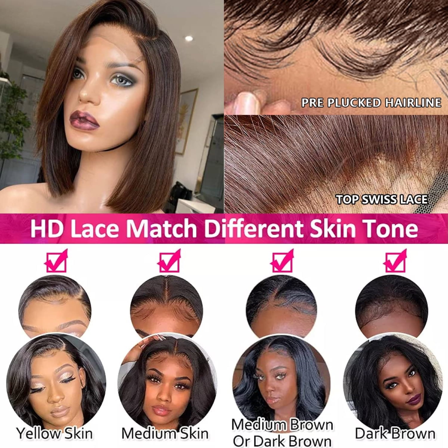 16" Chocolate Brown Lace Front Bob Wigs Human Hair Straight, 13x4 Brown Lace Frontal Bob Wig