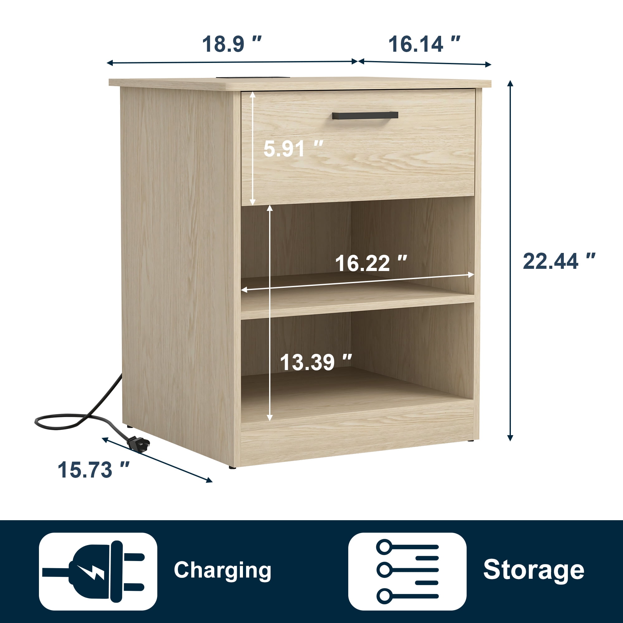 Demi Bonn 18.9" Side Table with Fast Charging Station USB C Cable Fast Charging, Wood End Table Nightstand with Drawer and Shelf for Living Room, Beige