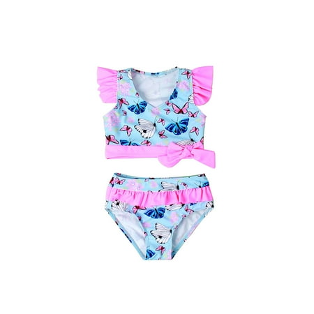 

Canrulo Kids Baby Girl Bathing Suit Two Piece Swimsuit Ruffle Flying Sleeve Leopard Top Bikini Bottoms Swimming Set Blue 1-2 Years