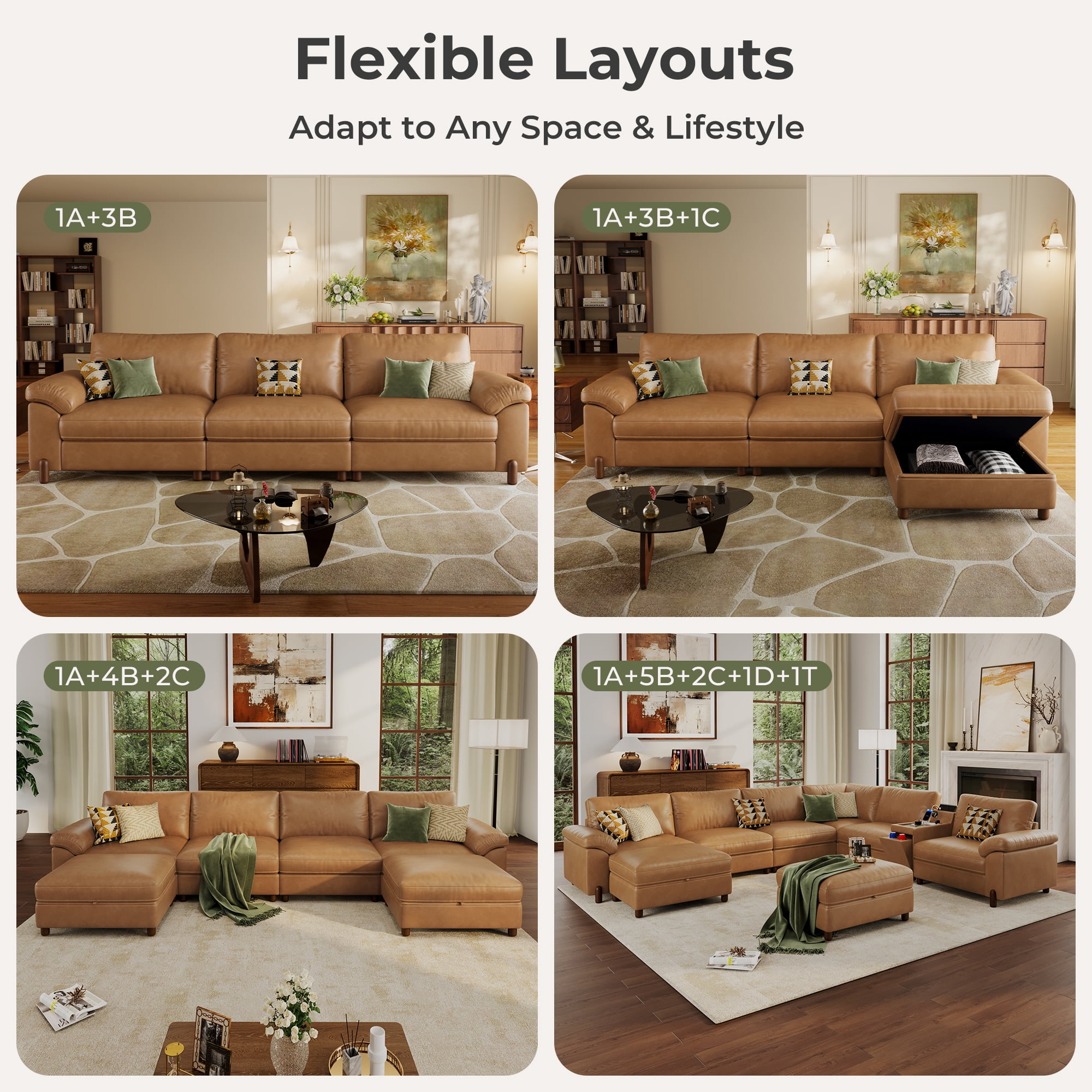 Modular Sectional Sofa with Removable Washable Covers, Oversized Deep Seat 3 Seater Couch, Pet-Friendly Leather in Brown