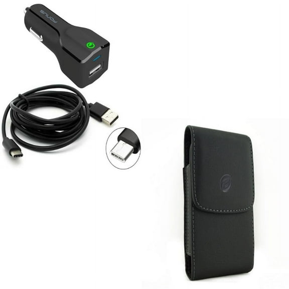 Black Vertical Leather Phone Case w 24W USB Adaptive Fast Car Charger Y4R Compatible With Google Pixel 3a XL