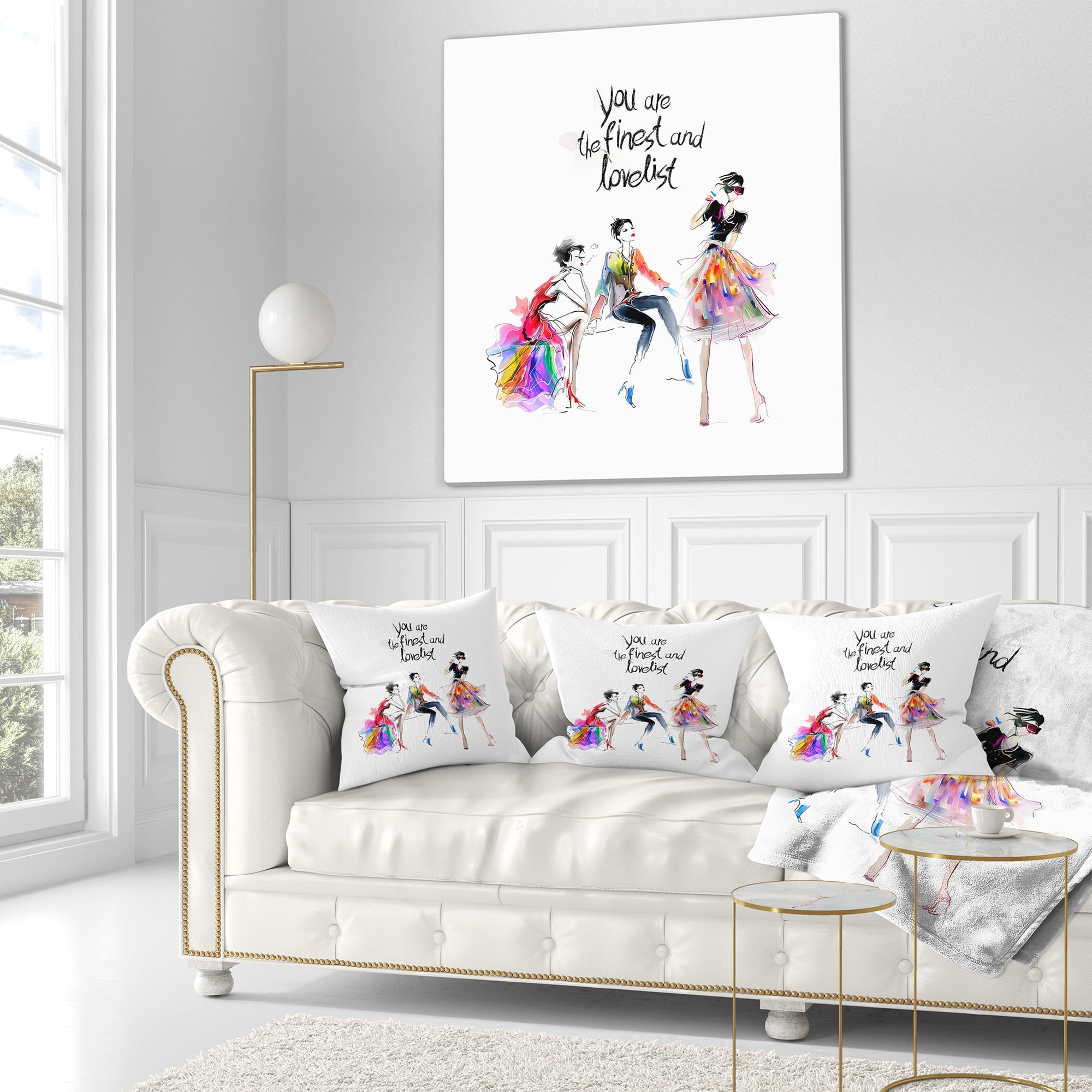 Designart Three Pretty Fashion Girls - Abstract Portrait Throw Pillow - 16x16