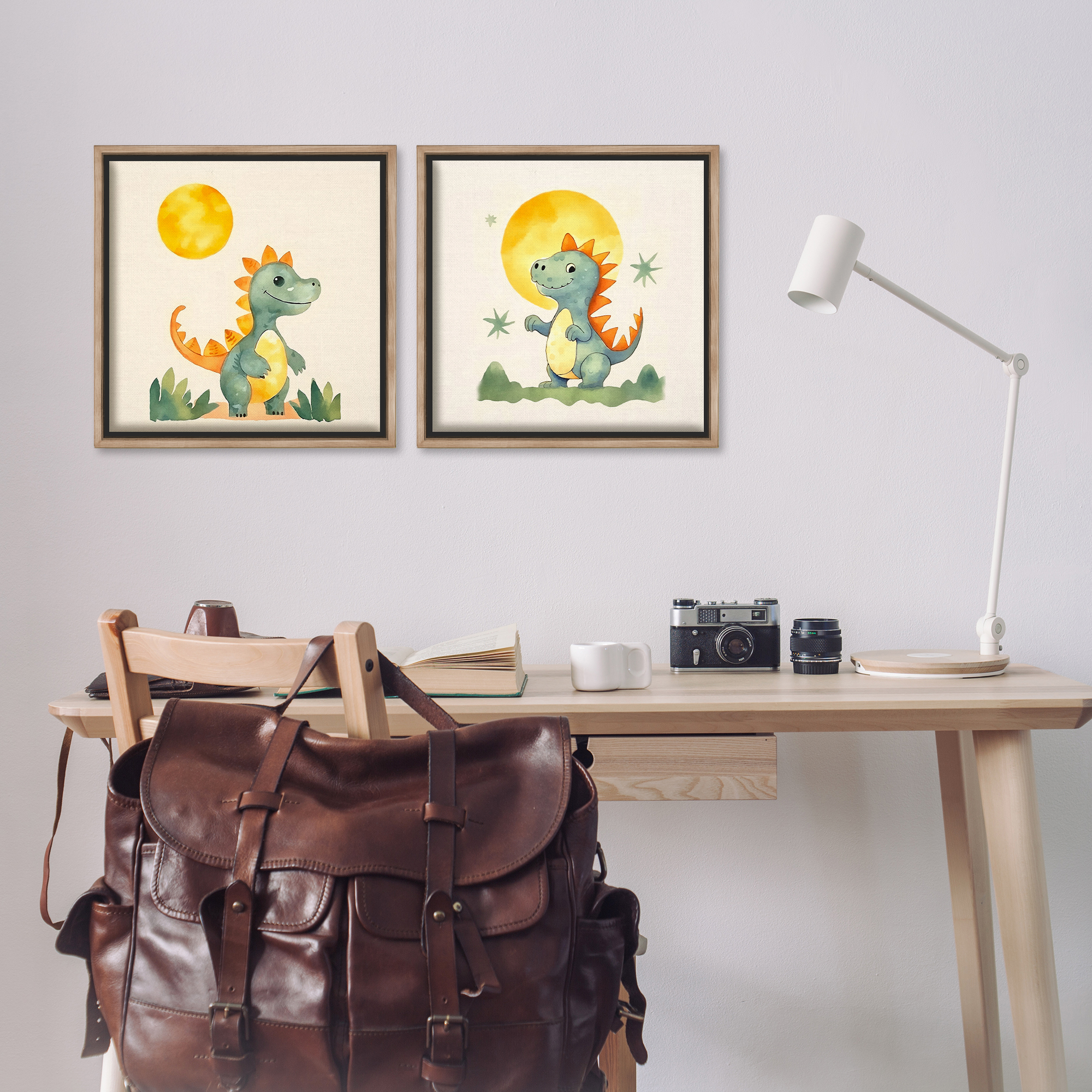 Stupell Industries Happy Dinos & Moon Animals Painting Brown Floater Framed Canvas Art Print Wall Art, 18 x 18, Set of 2