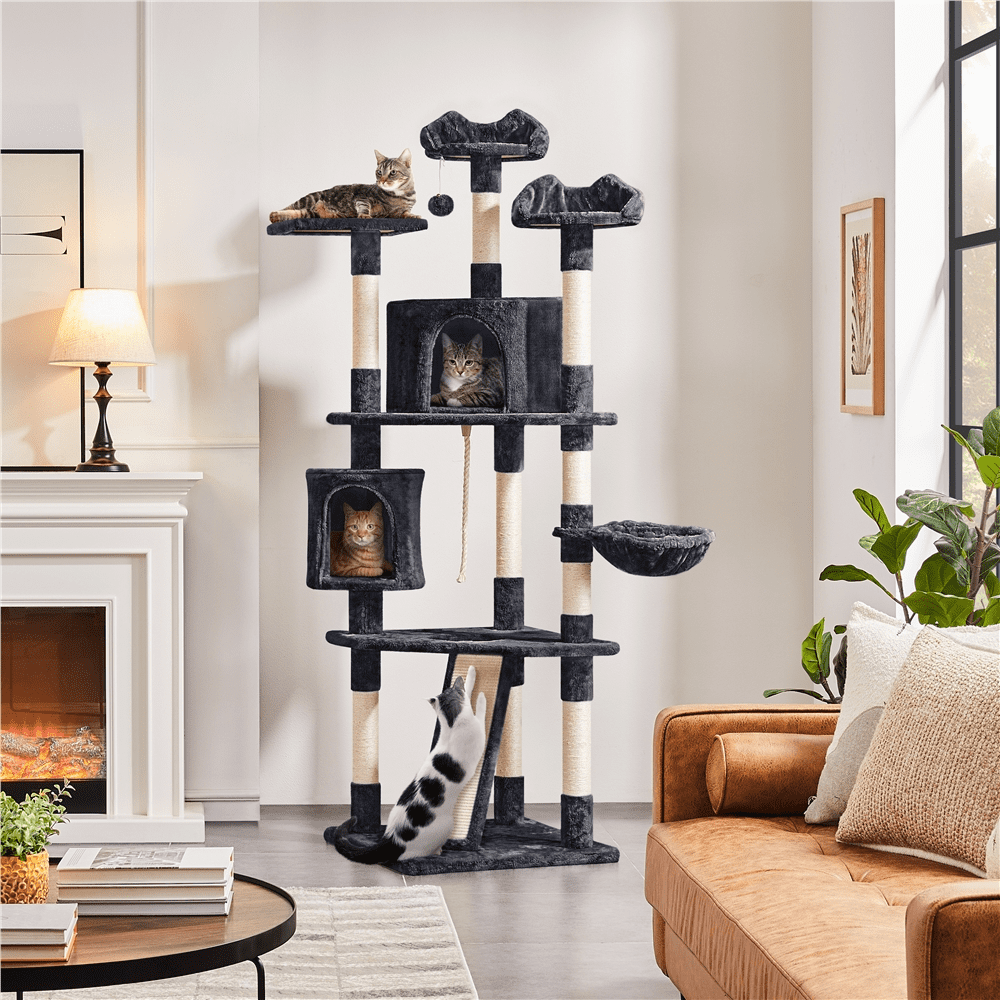 Alden Design 79″ H Multilevel Cat Tree with 2 Condos Basket Scratching Posts, Black
