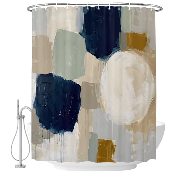 Extra Long Shower Curtain 72x96 Inch, Colorful Blocks Shower Curtain Waterproof Bathroom Decor, Farmhouse Retro Beige Blue Beige Motifs Fabric Bath Curtain Set Accessories with Hooks