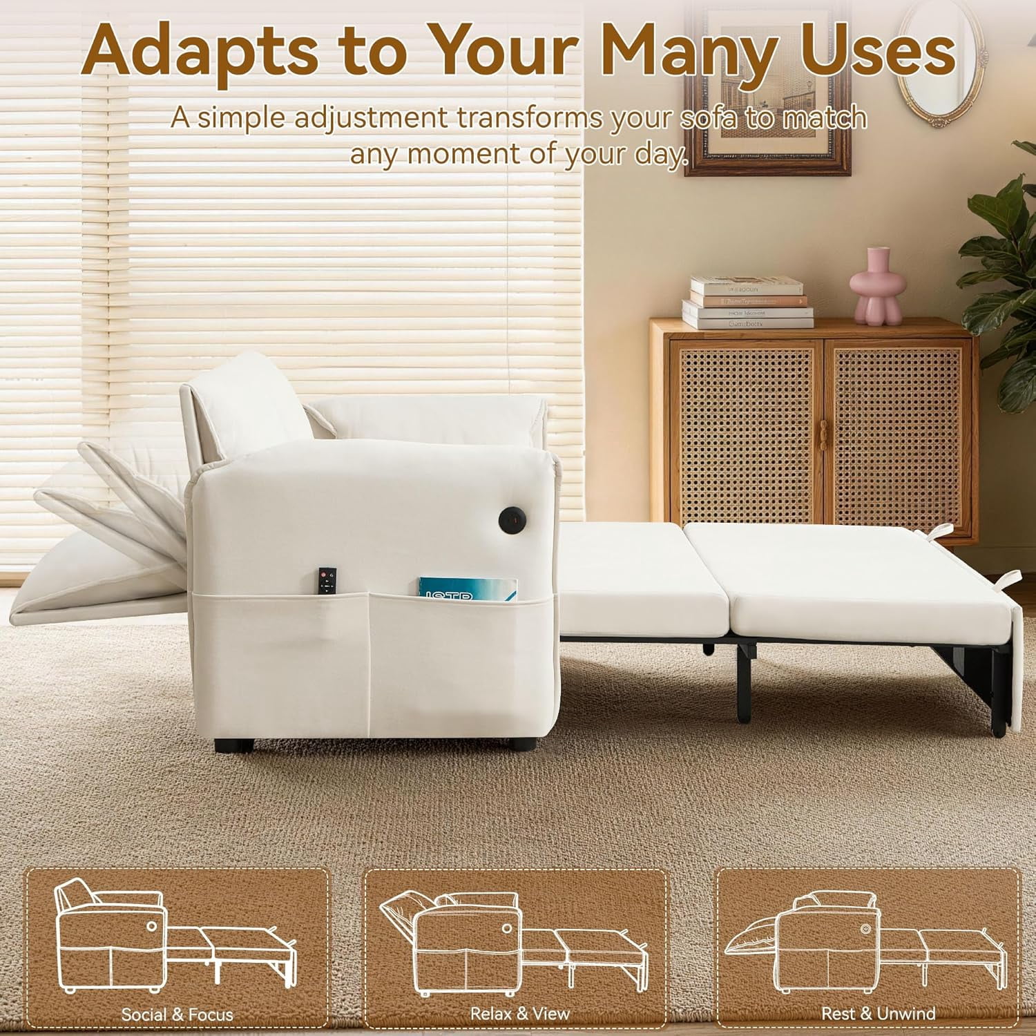 63" Velvet Pull Out Couch, 3-in-1 Convertible Sleeper Sofa Bed with Adjustable Backrest, USB Charging Ports, Side Pockets, Modern Loveseat for Living Room, Bedroom, Apartment, Beige