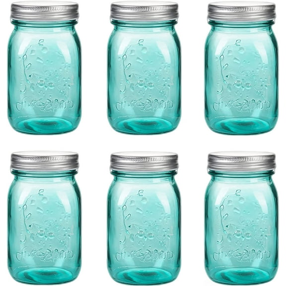 16 oz Teal Mason Jars with Lids，Regular Mouth Canning Jar, 6 Pack Multifunction Glass Container, for Storage, Canning, Pickling, Preserving, Fermenting, DIY Crafts & Decor