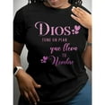 thumbnail image 1 of Women's Relaxed Fit Short Sleeve Round Neck T-Shirt - Black with Pink Cartoon Heart & "Dios Te Plan Que La Vela Tu Nombre" Graphic Print, 100% Cotton Breathable Casual Top for Spring/Summer, Mach, 1 of 6