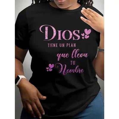 Women's Relaxed Fit Short Sleeve Round Neck T-Shirt - Black with Pink Cartoon Heart & "Dios Te Plan Que La Vela Tu Nombre" Graphic Print, 100% Cotton Breathable Casual Top for Spring/Summer, Mach