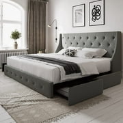 FUDU Full Size Bed Frame with 4 Storage Drawers and Wingback Headboard, Button Tufted Design, No Box Spring Needed, Light Grey