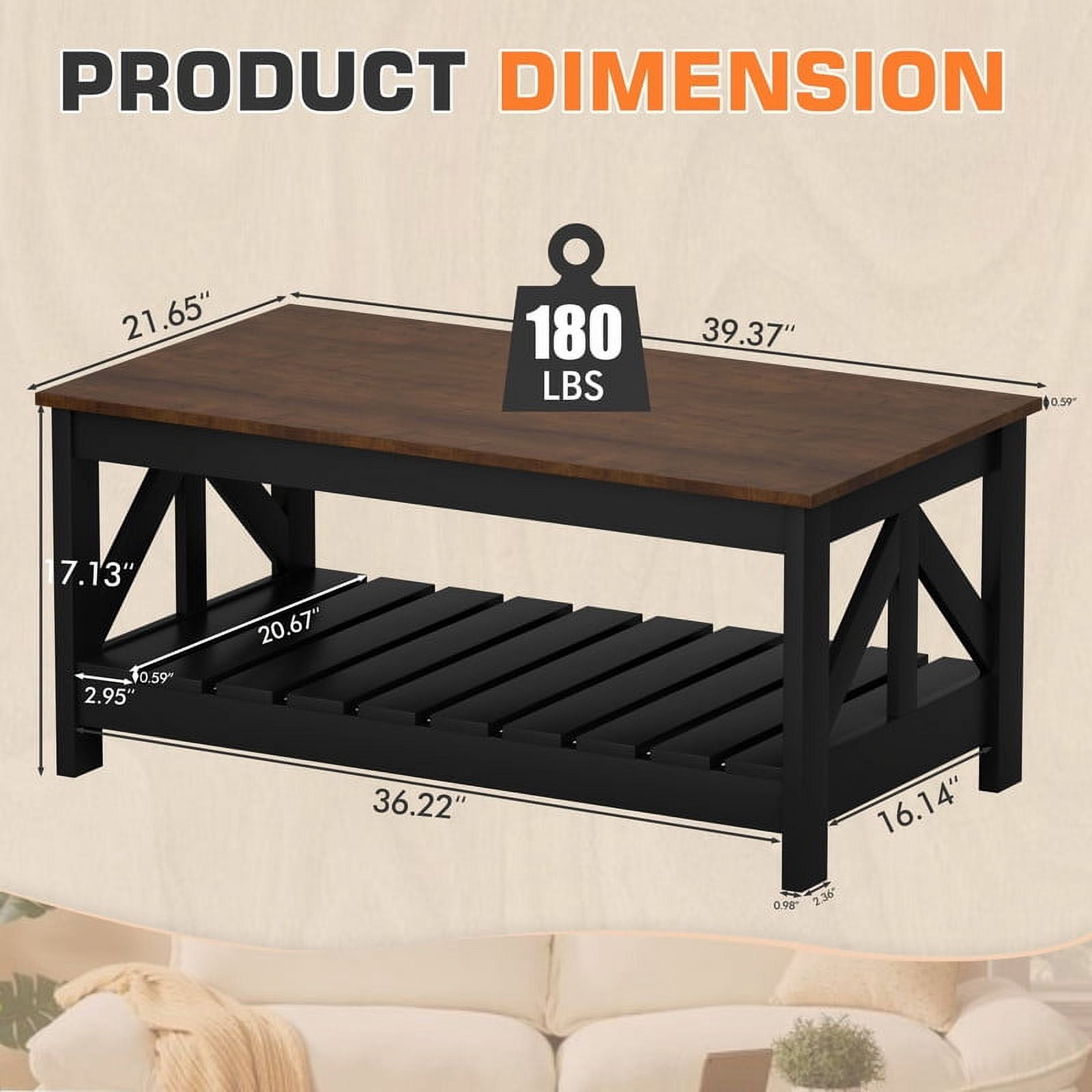 Homall 39" 2-Tier Farmhouse Coffee Table Wood Center Table with Storage Shelf for Living Room, Brown & Black