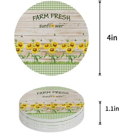 

KXMDXA Farm Fresh Sunflower Wood Grain and Plaid Texture Set of 4 Round Coaster for Drinks Absorbent Ceramic Stone Coasters Cup Mat with Cork Base for Home Kitchen Room Coffee Table Bar Decor