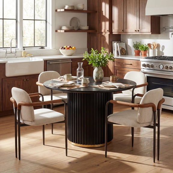 Christopher Knight Home Modern Dining Set for 4, Black Round Table with Iron Frame Chairs, Beige Fabric