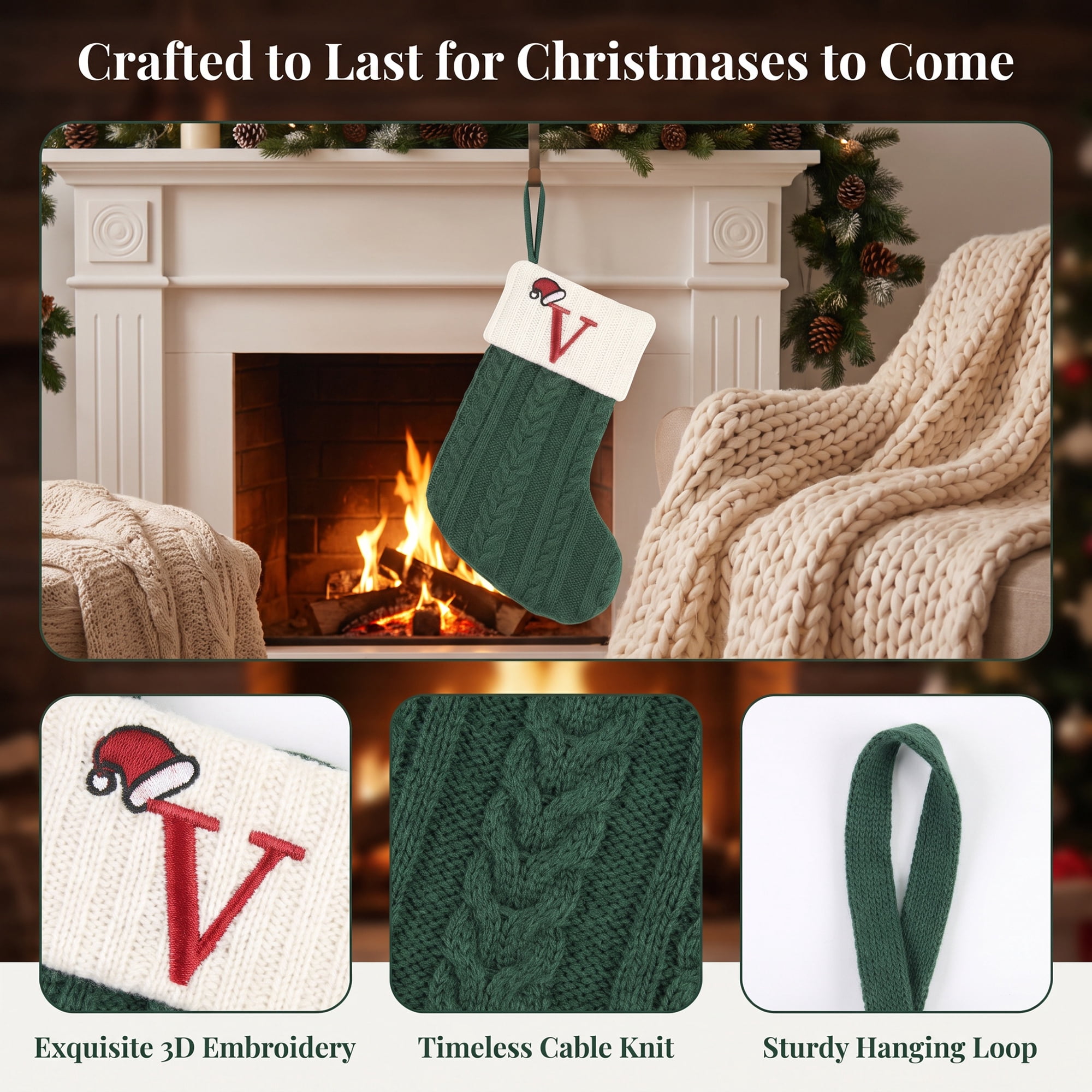 Unique Bargains Christmas Luxury Grand Hearth Accent Stocking Green Letter V 8"