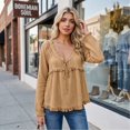 thumbnail image 5 of longantii Boho Tops For Women Vintage V Neck Long Sleeve Shirts Frayed Raw Hem Gauze Blouses Relaxed Empire Waist Beach Vacation Outfit Brown S, 5 of 6