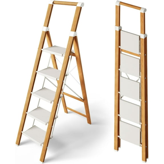 2 Step Ladder,Aluminum Lightweight Folding 2 Step Stool with Anti-Slip Wide Pedal, 330lbs Capacity Step Ladder for Household,Kitchen,Office - BlackWoodgrain