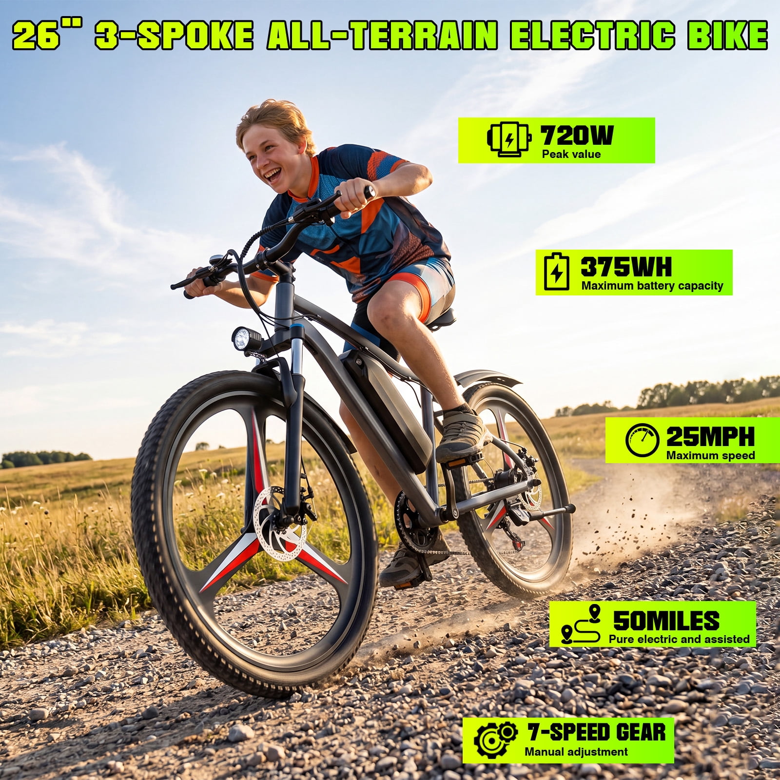 Electric Bike for Adults, 26" Commuter Ebikes with 7-Speed Gears, 25MPH, 720W Peak Motor, Removable Battery, 50 Miles Range, Electric Mountain Bicycle for All Terrain UL2849