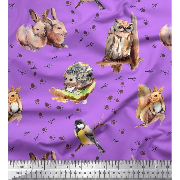 Soimoi Cotton Poplin Fabric Footprint,Owl & Rabbit Animal Decor Fabric Printed Yard 56 Inch Wide