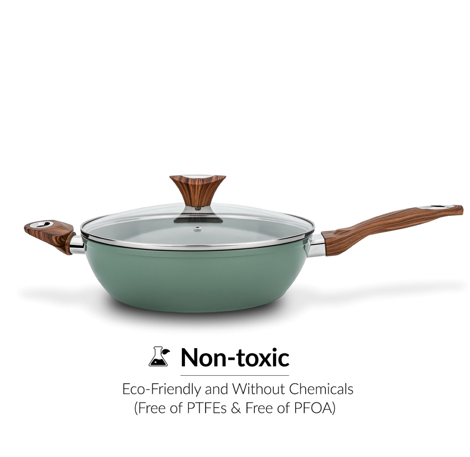 Phantom Chef 11 inch Deep Fry Pan With Lid - Wood Handle and Aluminum Body - Green