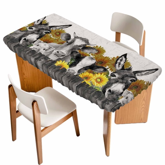 Vintage Farm Animals Table Cloths for 6 Foot Rectangle Tables, Cute Cow Pig Sunflower Patio Waterproof Elastic Fitted Tablecloths, Washable Rectangular Table Cover for Camping