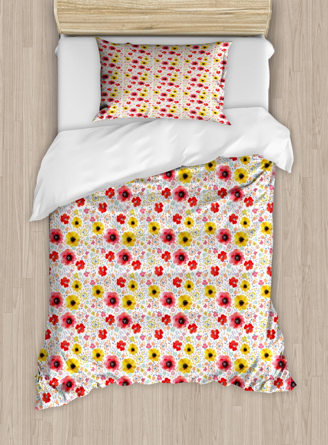 Watercolor Flowers Twin Size Duvet Cover Set Springtime Poppy With Brushstroke Effects 2478