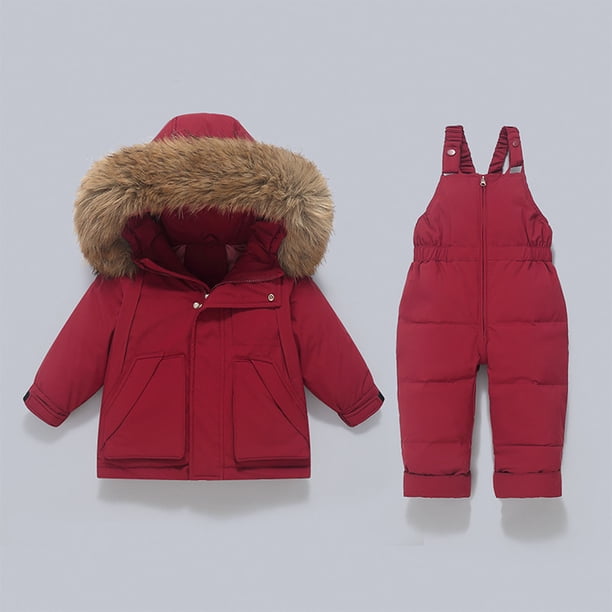 Conjunto de dos piezas de chaqueta y pantalón de esquí para niños, de invierno, grueso, impermeable, resistente al viento y cálido, con capucha y manga larga, con tirantes, de poliéster