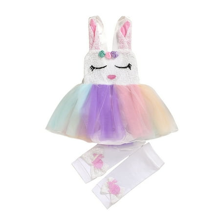 

Toddler Girls Sleeve Less Cartoon Prints Tulle Romper Bodysuit Stockings 2PCS Outfits Clothes Set