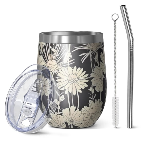 12oz Stemless Wine Tumblers Pioneer Flower Floral Print Pattern Vacuum Insulated Stainless Steel Travel Tumbler Cups Mug with Lid and Straw for Champaign,Cocktail,Beer with Cleaning Brush