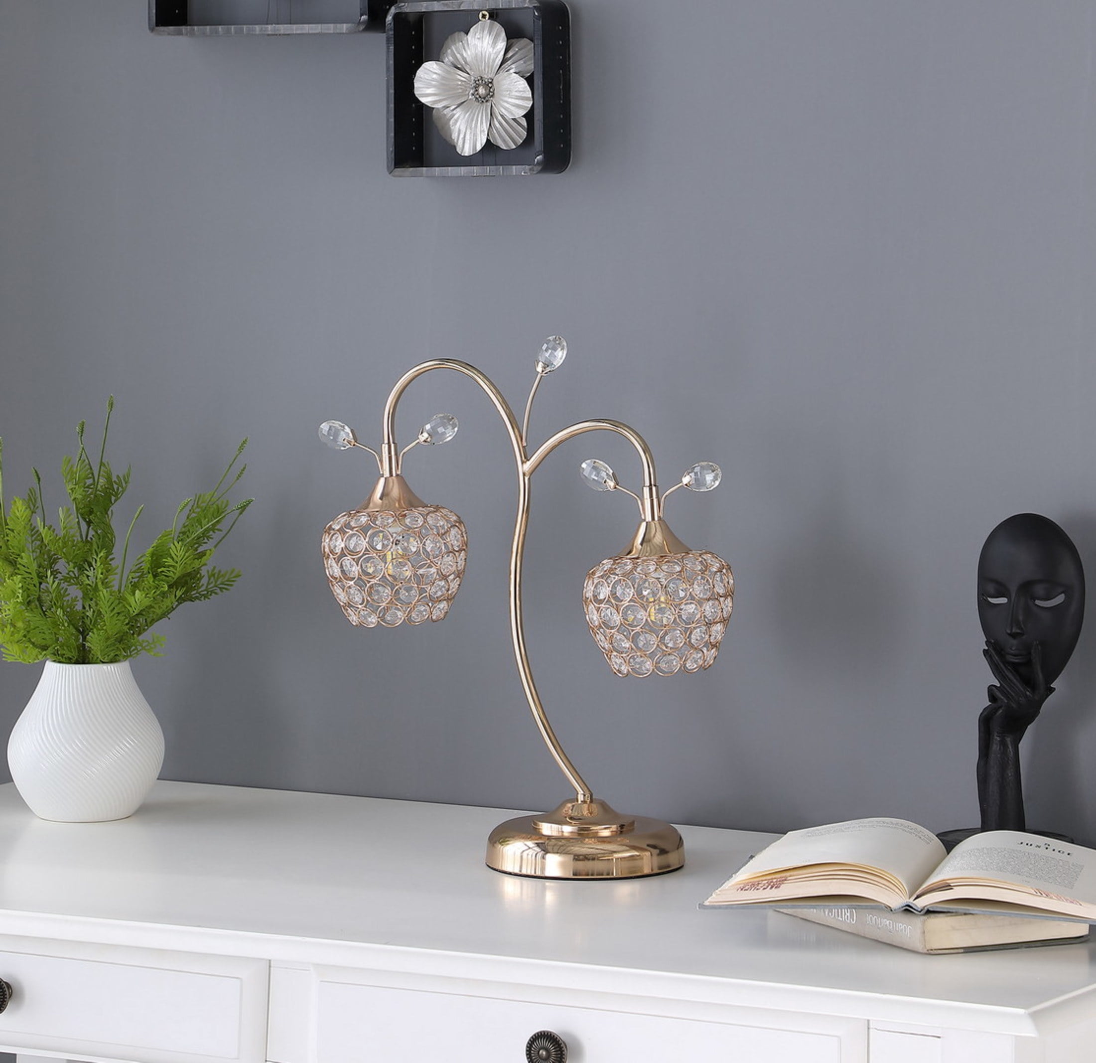 Noble House 17.25" Rose 2-Floral Bell Table Lamp, Wire Cage Shades, G9 Light Bulbs, Glam Accent, Rose Gold