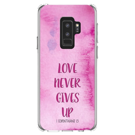 DistinctInk Clear Shockproof Hybrid Case for Samsung Galaxy S9  PLUS (6.2" Screen) - TPU Bumper, Acrylic Back, Tempered Glass Screen Protector - 1 Corinthians 13 - Love Never Gives Up - Christ