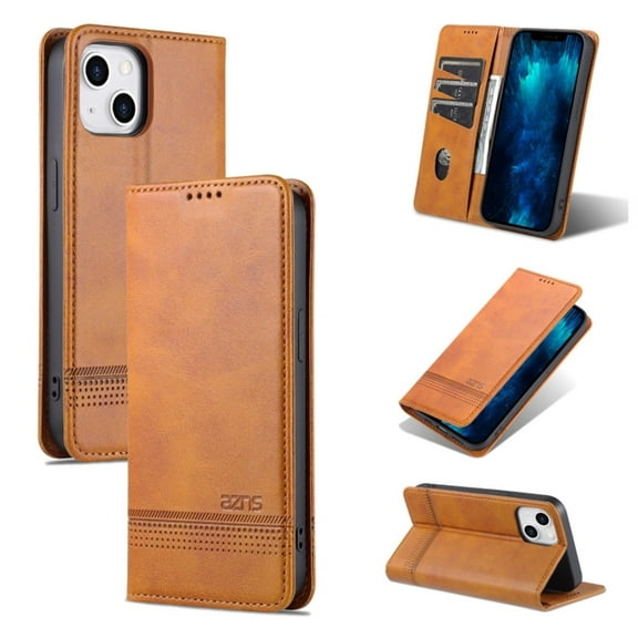 For iPhone 13 Case Premium PU Leather Simple Wallet Case TPU Bumper Card Slots Kickstand Magnetic Closure Shockproof Flip Cover,light brown,For iPhone 13