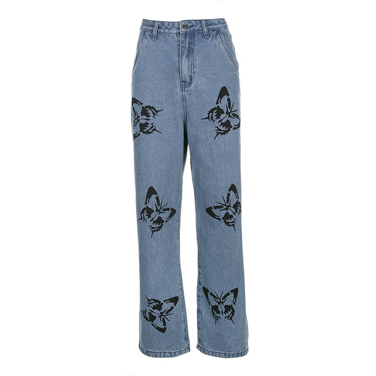 High Waisted Jeans-Butterfly Print Baggy Jeans Y2K Jeans Streetwear Fashion  Jeans for Teen Girls Wome