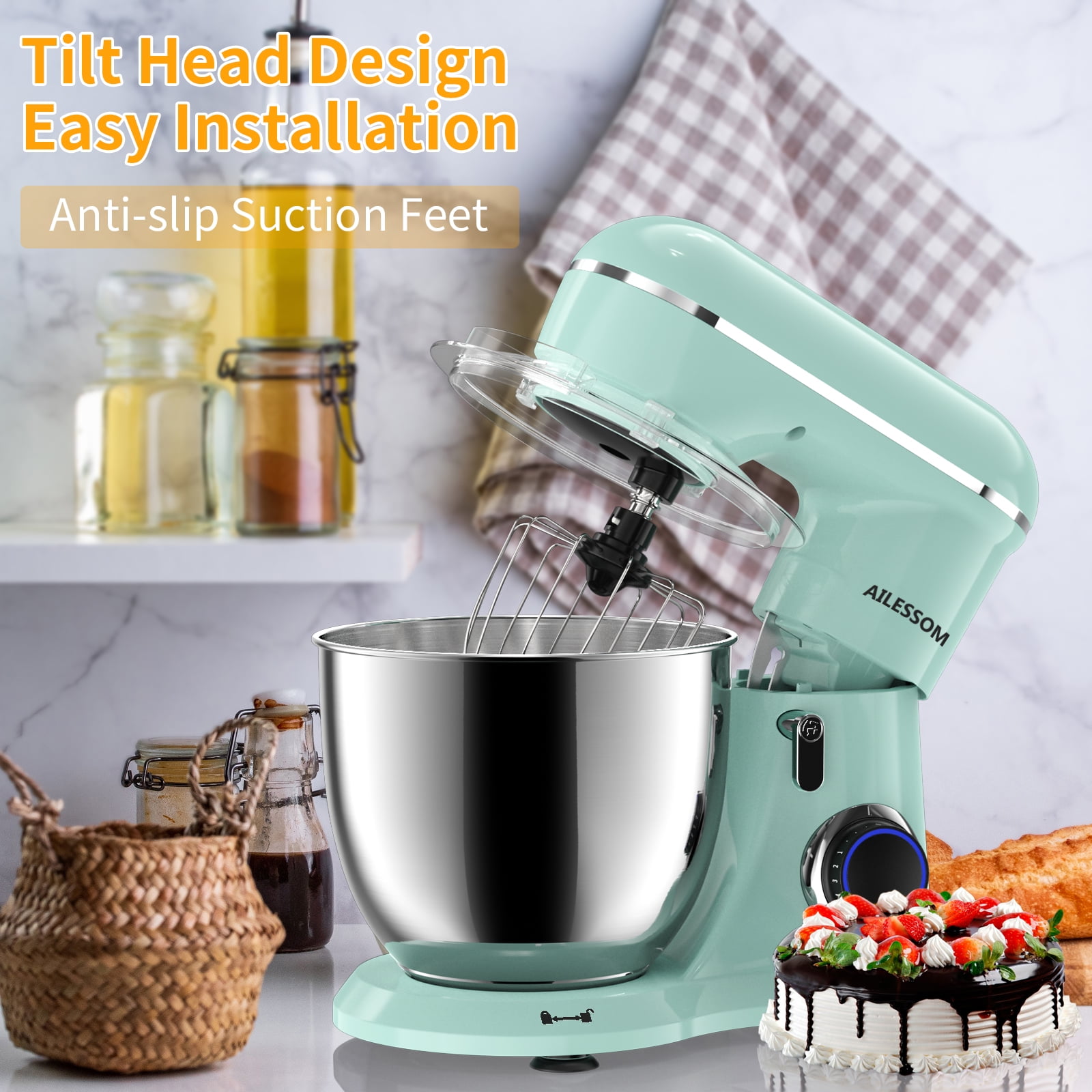 Ailessom New Stand Mixer,6.5-QT 10-Speed Tilt-Head Kitchen Electric Mixer with Bowl, Dough Hook, Beater, Whisk for Most Home Cooks,(Agave Green）