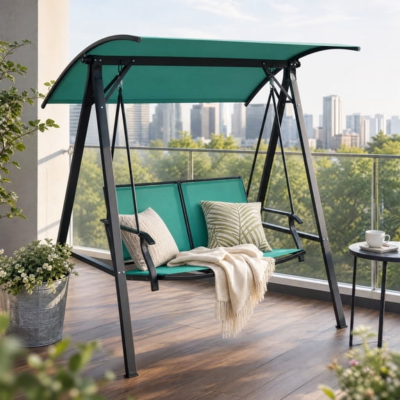 ANGELES HOME 2 Person Patio Swing with Weather Resistant Glider and Adjustable Canopy, Outdoor Porch Swing Chair, Turquoise