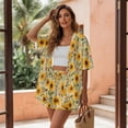 thumbnail image 3 of FKEKYI Sunflower Print Womens Summer Short Set 2 Piece Shirt Top & Shorts with Adjustable Waistband Casual Lounge Sets Breathable Resort Wear Beachwear Outfits, S, 3 of 7