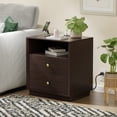 thumbnail image 6 of Walnut Nightstands with Charging Station, 2 Drawers & Open Shelf, Wide Bedside Tables for Bedroom, End Side Table, 6 of 7