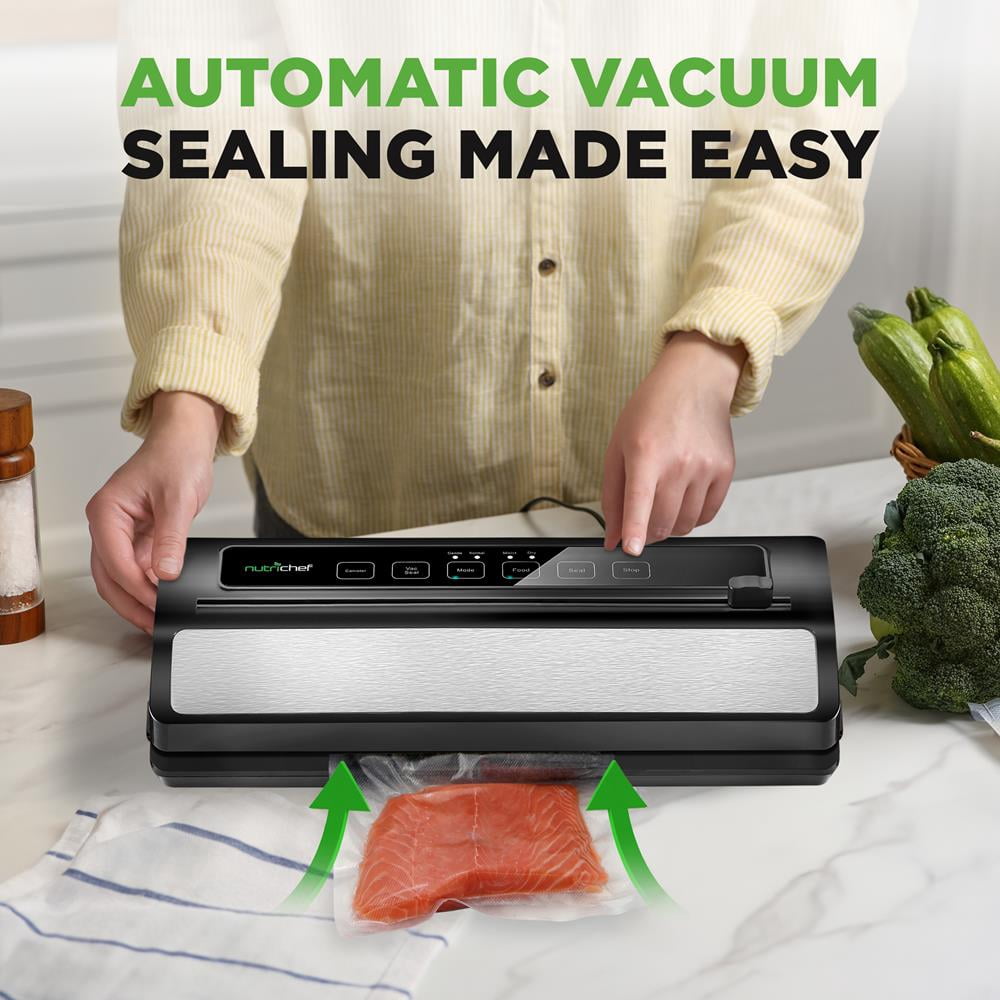 NutriChef Food Vacuum Sealer Machine, Stainless Steel & ABS Body, 110W Automatic Sealing for Dry & Moist Foods, LED Touch Controls, Includes Bags, Hose & Roll Cutter