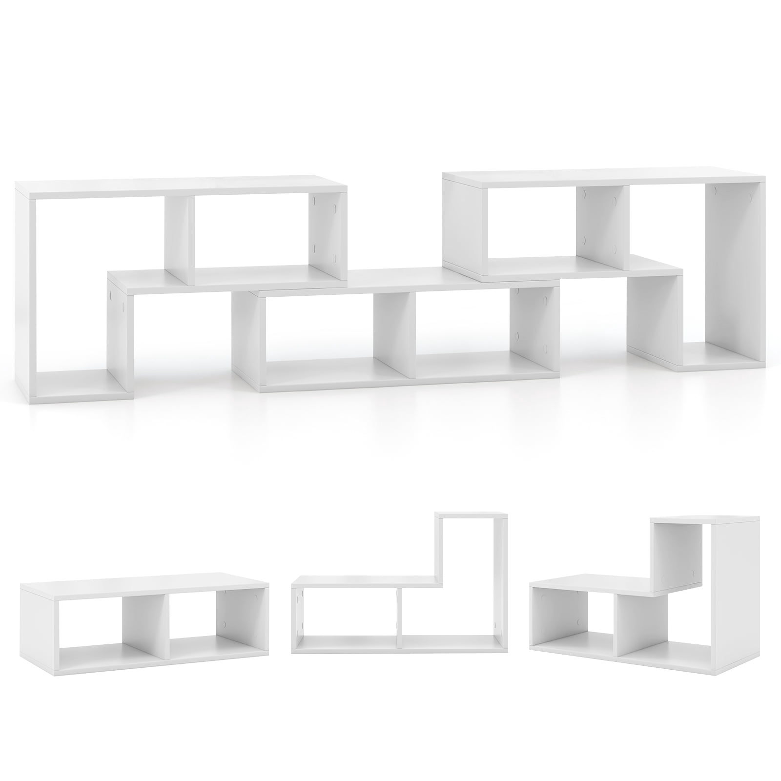 Costway 3 Pieces Adjustable TV Console Stand with 2 L-Shaped Shelve & Rectangular Shelf for TVs up to 65” Light White