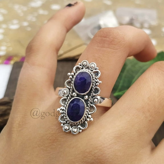 Blue Sapphire Sterling Silver Ring: Faceted Cocktail Ring