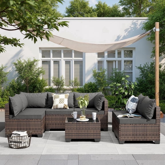 JORVIMAX 7 Piece Outdoor Patio Furniture Set All-Weather Wicker Patio Sectional Sofa with Cushions Dark Gray