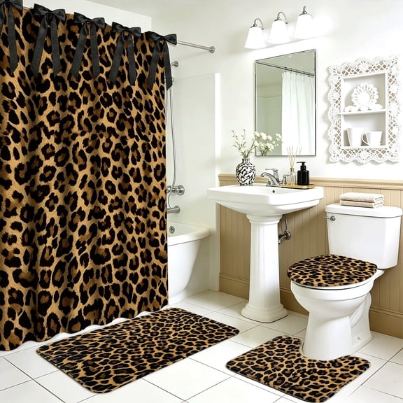 28-Piece Leopard Print Bathroom Linen Accessory Set with Non-Slip Mats and Hooks