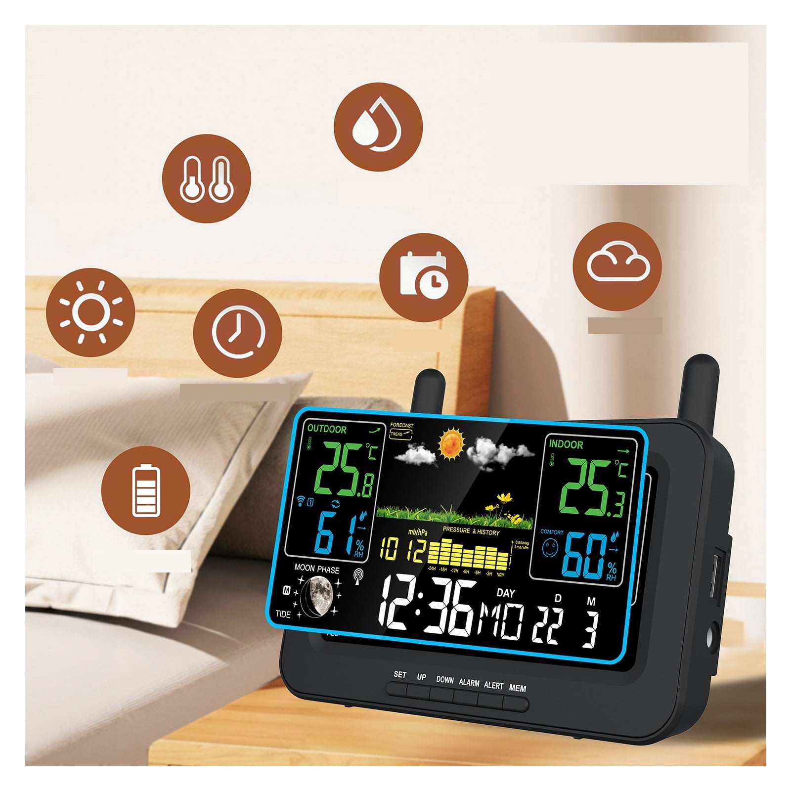 Wireless Indoor Outdoor Weather Station with USB Charging, Color Screen, Temperature Humidit - BLACK