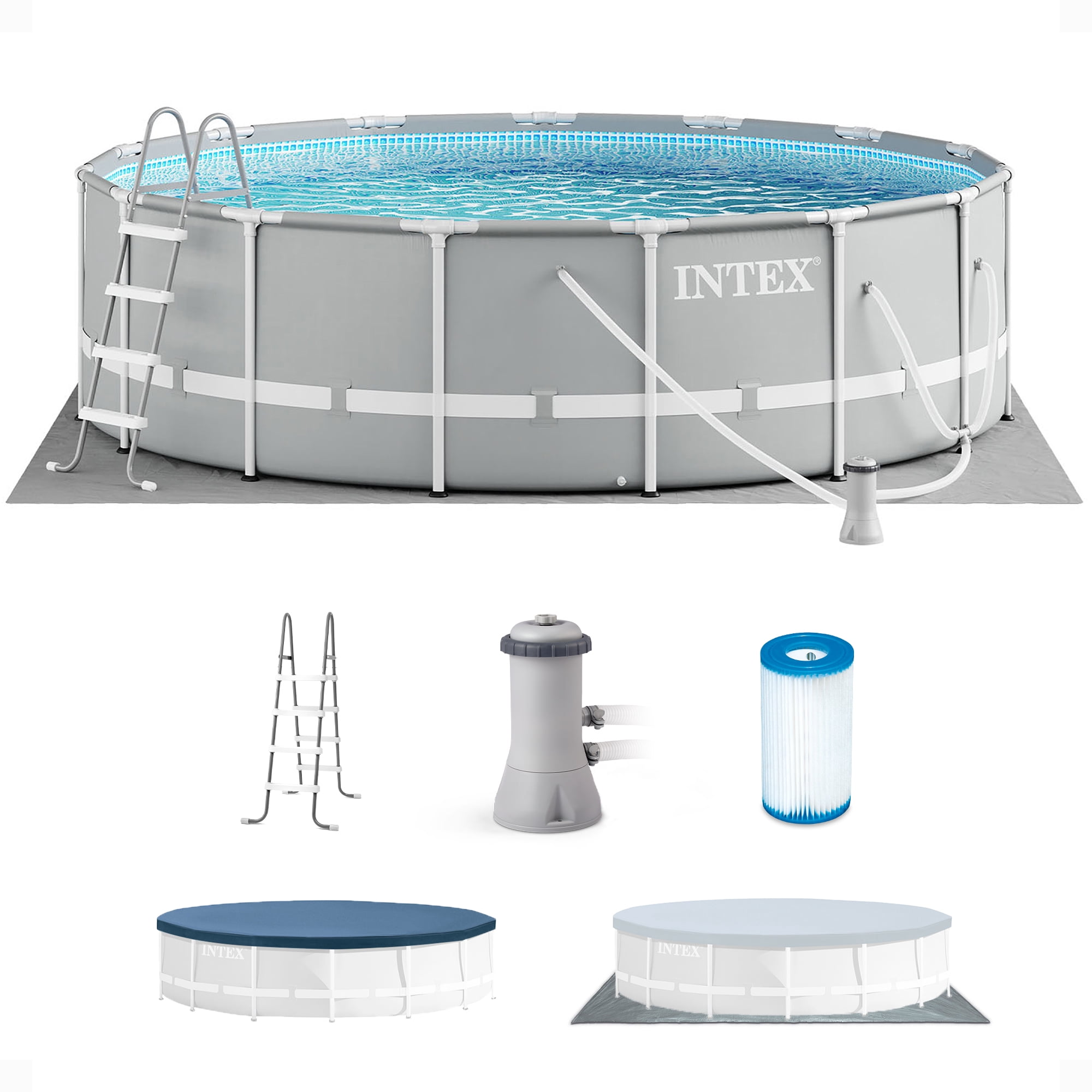 INTEX Round Prism Frame 15ft x 48in Above Ground Swimming Pool Set w/ Pump