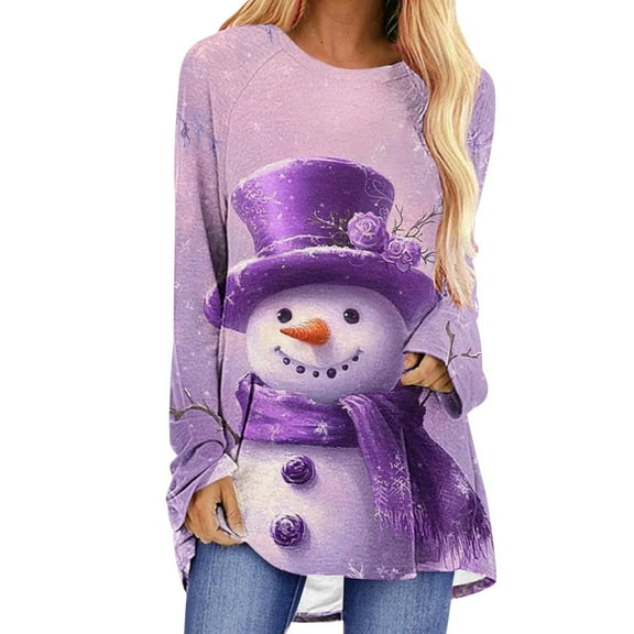 Christmas Shirt for Women Snowman Print Long Sleeve Shirt Christmas Crew Neck Tunic Holiday Top for Casual Wear Fall Clothes My Items