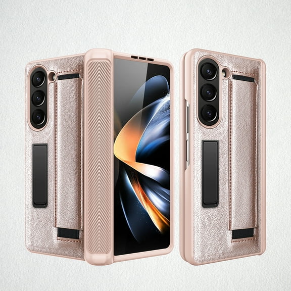 Decase Leather Case For Samsung Galaxy Z Fold 5 5G 2023,Hard PC PU Leather Built-in Front Screen Case With Wristband Hidden Kickstand Phone Cover for Samsung Galaxy Z Fold 5 2023, Gold