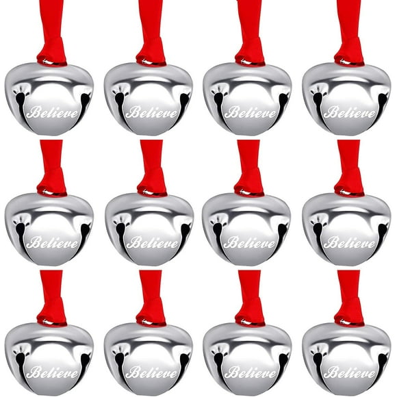 12 Pieces Christmas Believe Bell Ornaments 1.5 Inch Polar Express Bell Silver Gold Sleigh Bell Christmas Tree Bell Decoration Holiday Treat (silver)